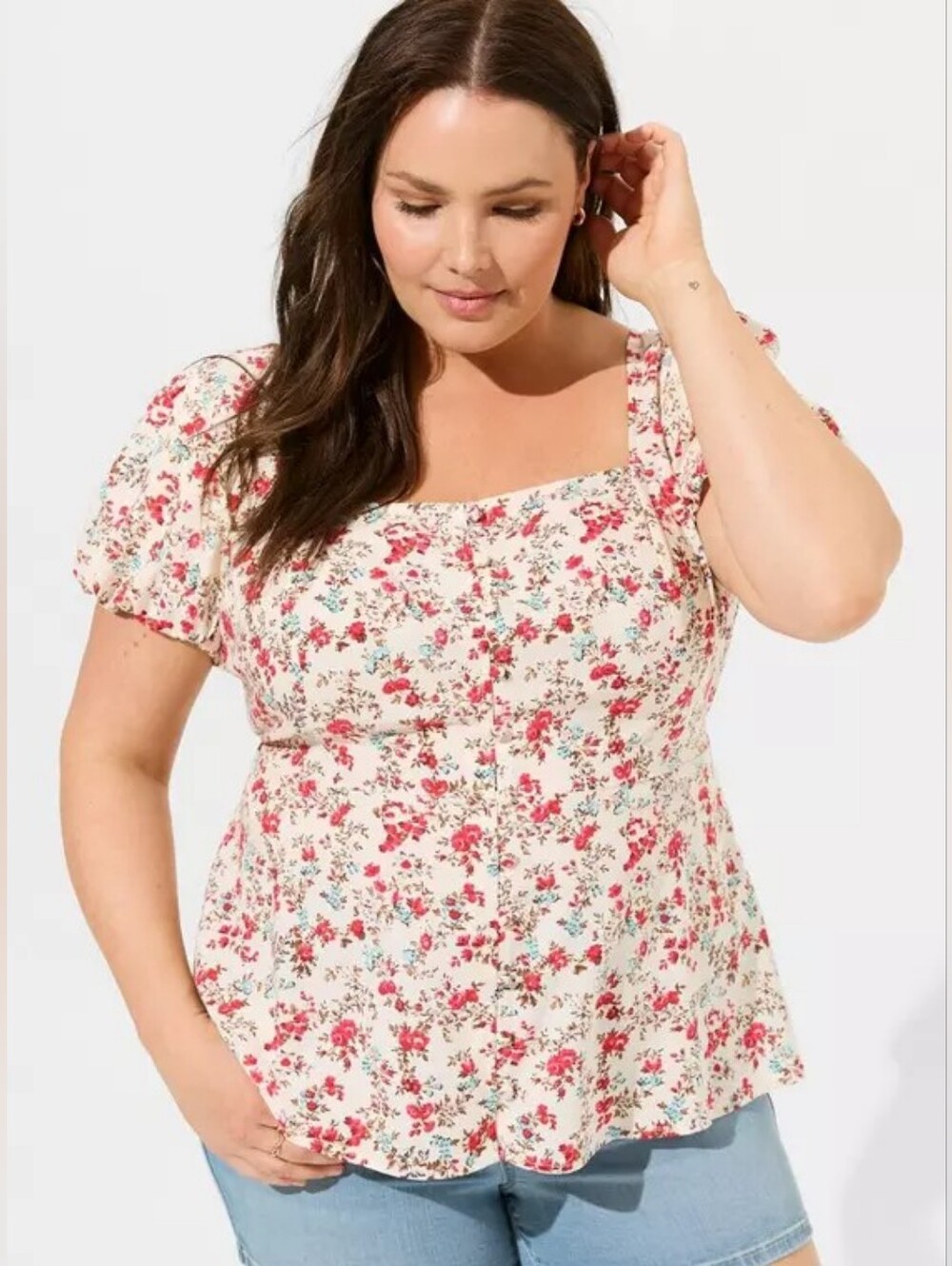 Torrid Floral Peplum Challis Puff Short Sleeve Top Plus Size 0 0x